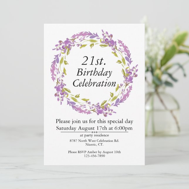 Invitación Personalizable 21 de Morado Floral Wreath Boho (Anverso de pie)