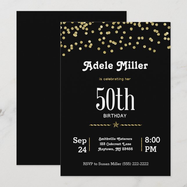 Invitación Personalizable 50 cumpleaños con oro brillante (Anverso / Reverso)