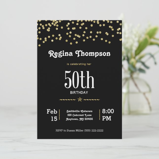 Invitación Personalizable 50 cumpleaños con oro brillante en (Anverso de pie)