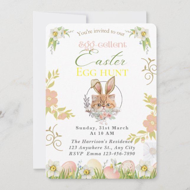 Invitación Personalizable Adorable Naranja Cat Bunny Easter (Anverso)
