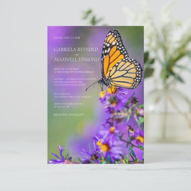 Invitación Personalizable azul mariposa Aster Boda floral (Anverso de pie)