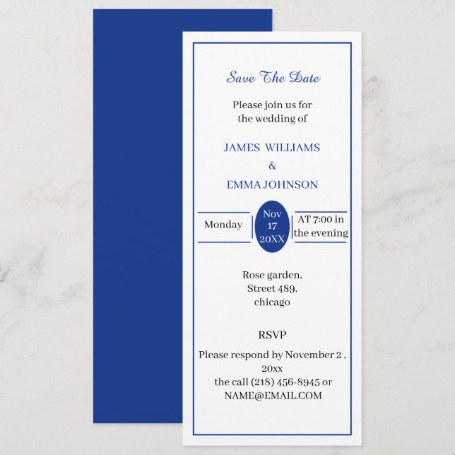 Invitación Personalizable azul simple Guardar la fecha (Anverso / Reverso)