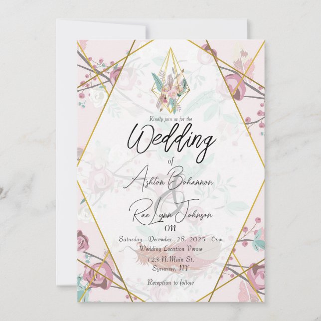 Invitación Personalizable Boda de Boho Rosa (Anverso)