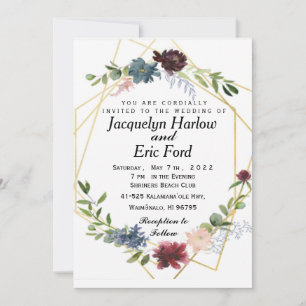 Invitación Personalizable Borgoña Bebé Boda de Flor Azul