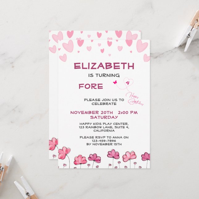 Invitación Personalizable Corazones rosas y flores Cumpleaños (Anverso/Reverso In Situ)
