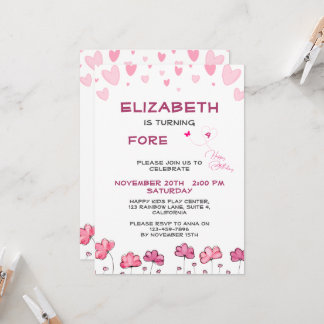 Invitación Personalizable Corazones rosas y flores Cumpleaños