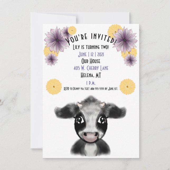Invitación Personalizable de cumpleaños de vaca blanca y negr (Anverso)