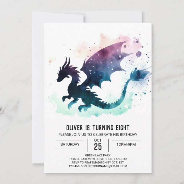 Invitación Personalizable de cumpleaños del dragón místico (Anverso)