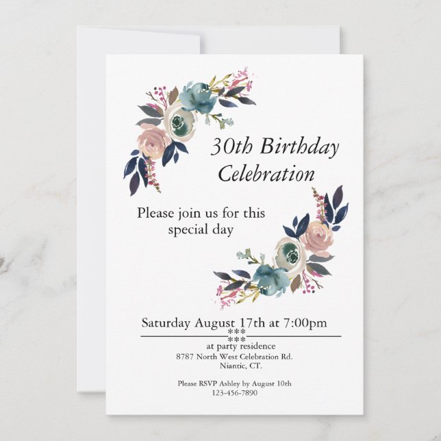 Invitación Personalizable de Rubor azul rosa Boho 30 cumpleañ (Anverso)