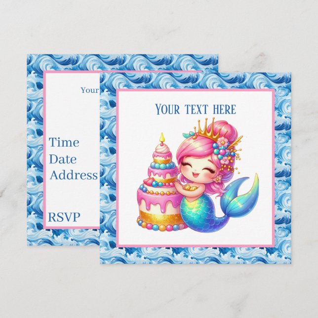 Invitación Personalizable de sirena de cumpleaños de Cute Bea (Anverso / Reverso)