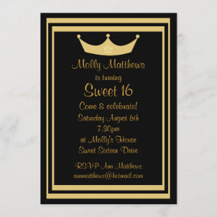 Invitación Personalizable dulce Tiara negro y dorado