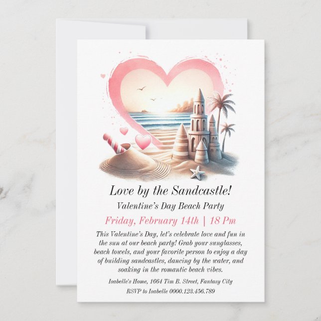 Invitación Personalizable Fiesta de San Valentín en la playa (Anverso)