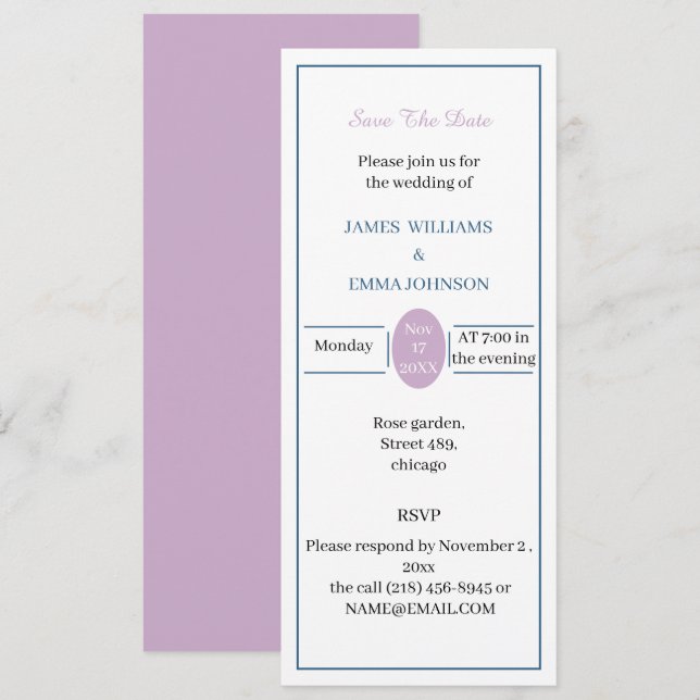 Invitación Personalizable Guardar La Fecha Rosa Simple Y Azul (Anverso / Reverso)