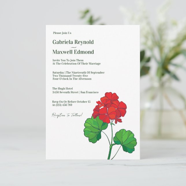 Invitación Personalizable inmaduro Geranium Floral Boda (Anverso de pie)