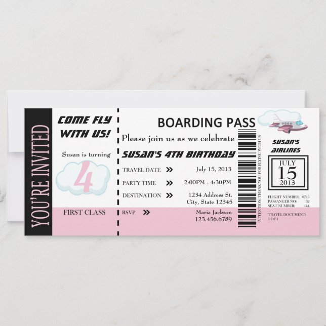 Invitación Personalizable invitado a un vuelo Chica de cumple (Anverso)