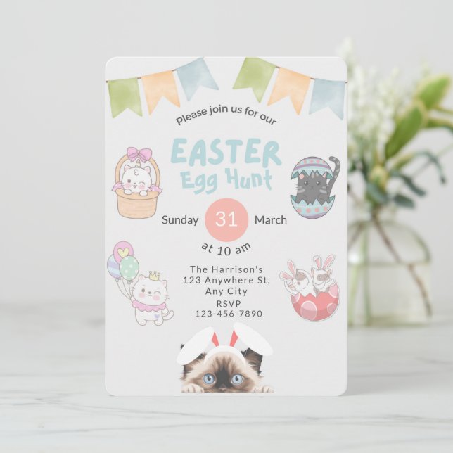 Invitación Personalizable lindo Ragdoll Cat Bunny Easter (Anverso de pie)