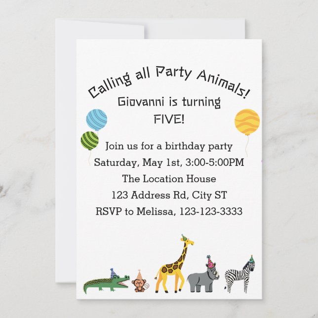 Invitación Personalizable llamando a todos los animales Fiest (Anverso)