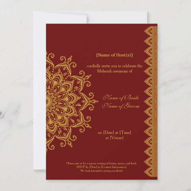 Invitación Personalizable Metálico Oro oscuro Rojo Mehendi In (Anverso)