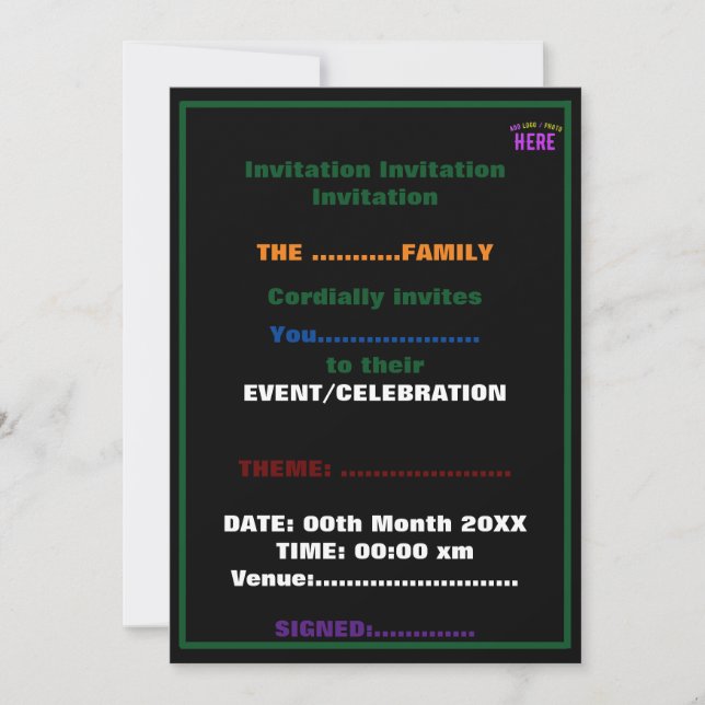 INVITACIÓN PERSONALIZABLE MODERNO ESTILO NEGRO VERIFICADO MAR (Anverso)