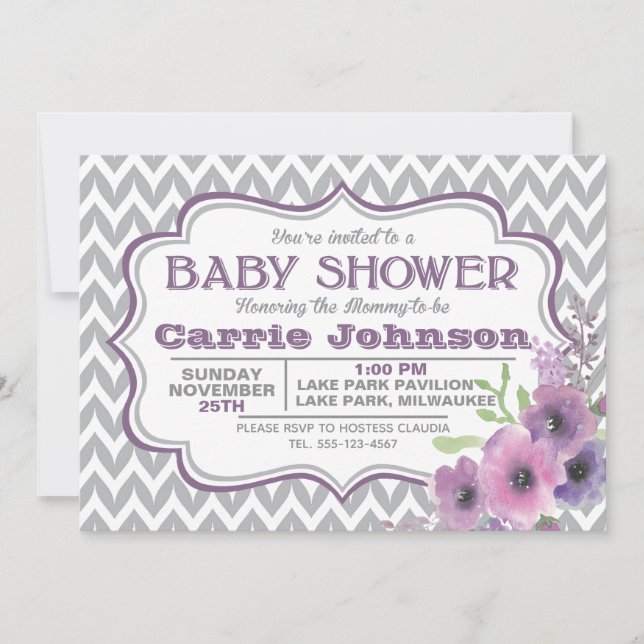 Invitación Personalizable Morado y Gris Chevron Baby Shower (Anverso)