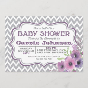 Invitación Personalizable morado y gris Chevron Baby Shower