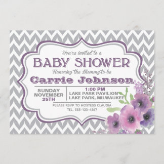 Invitación Personalizable Morado y Gris Chevron Baby Shower