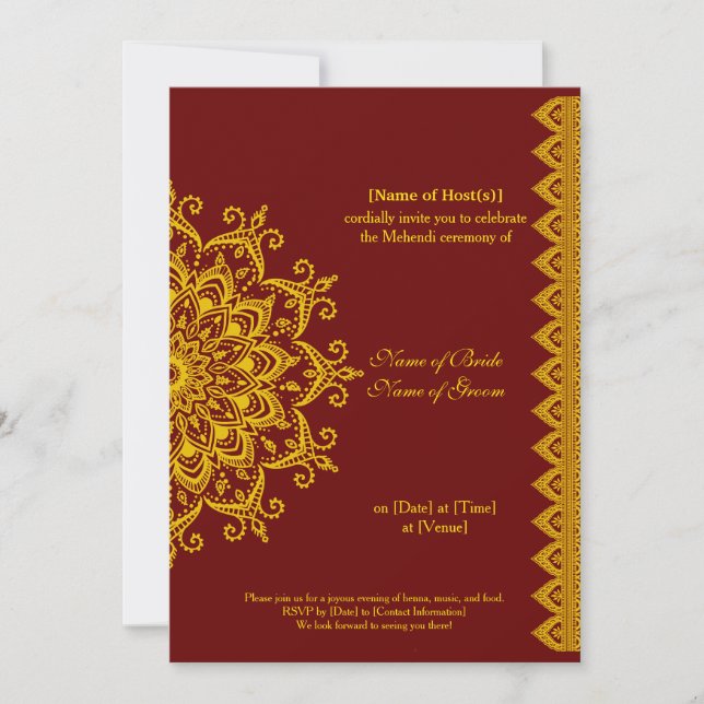Invitación Personalizable Oro oscuro Rojo Mehendi Henna Indio (Anverso)