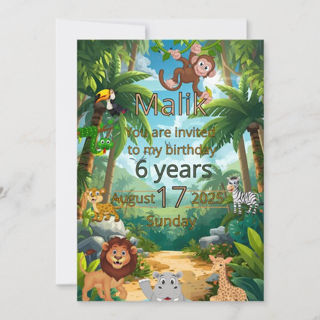 Invitación personalizable para fiesta de selva (Anverso)