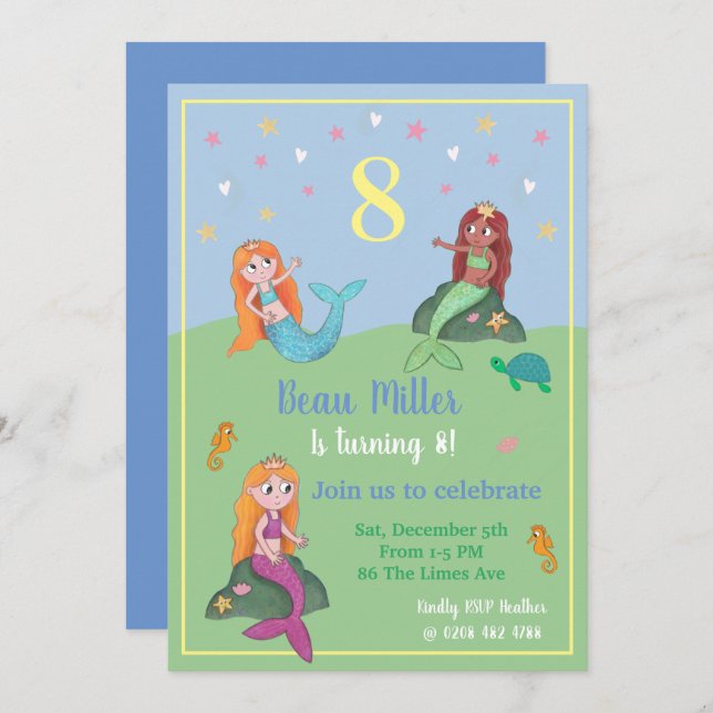 Invitación personalizable para fiesta de sirena (Anverso / Reverso)