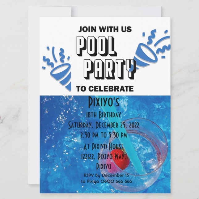 Invitación personalizable para fiesta en la piscin (Anverso)