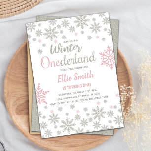 Invitación Personalizable Plata Rosada Copo de Nieve Invierno