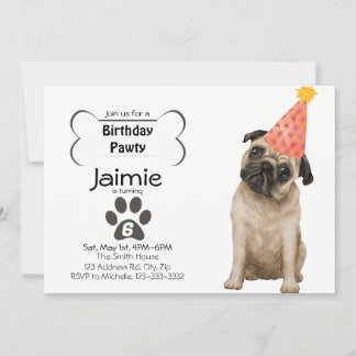 Invitación Personalizable Pug Cumpleaños PAWTY
