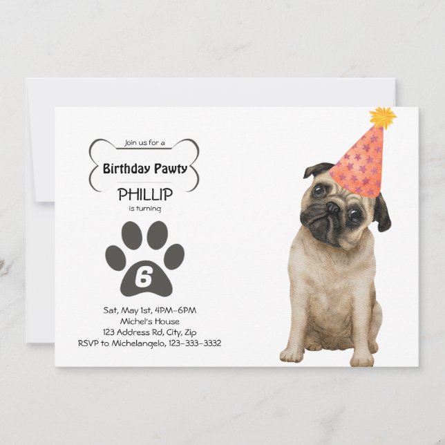 Invitación Personalizable Pug Cumpleaños PAWTY (Anverso)