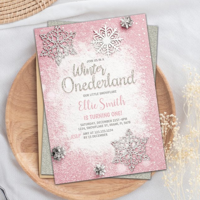 Invitación Personalizable Purpurina rosado plateado invierno  (Pink Silver Glitter Winter ONEderland Invitations)