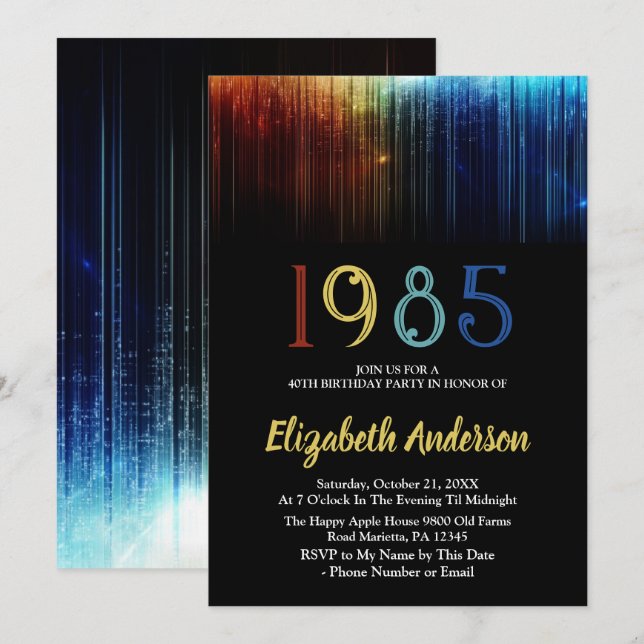 Invitación personalizable Retro 40 de Cumpleaños de 1985 (Anverso / Reverso)