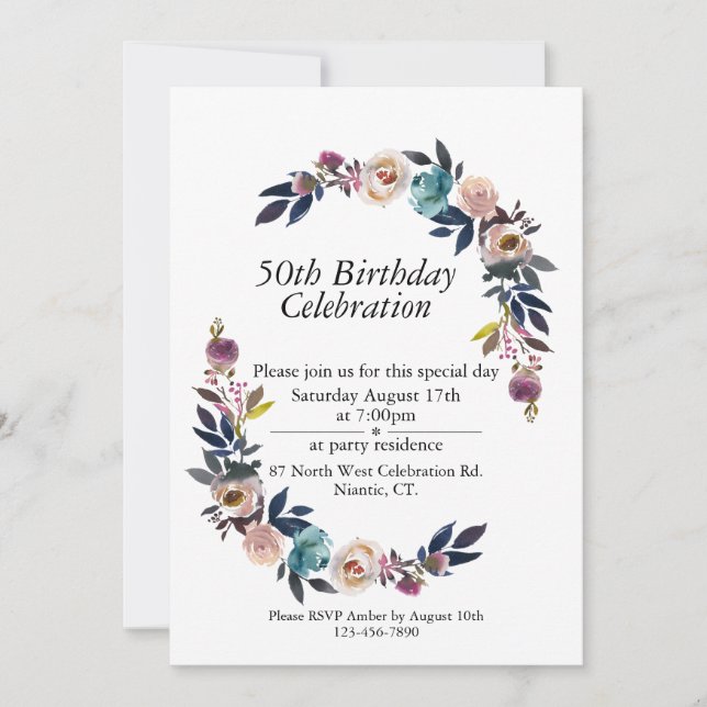 Invitación Personalizable Rosa Rubor Blue Boho 50 cumpleaños (Anverso)