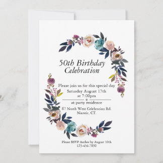 Invitación Personalizable Rosa Rubor Blue Boho 50 cumpleaños
