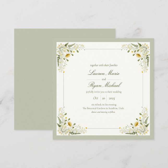 Invitación Personalizable Sage Green Vintage Wildflowers (Anverso / Reverso)
