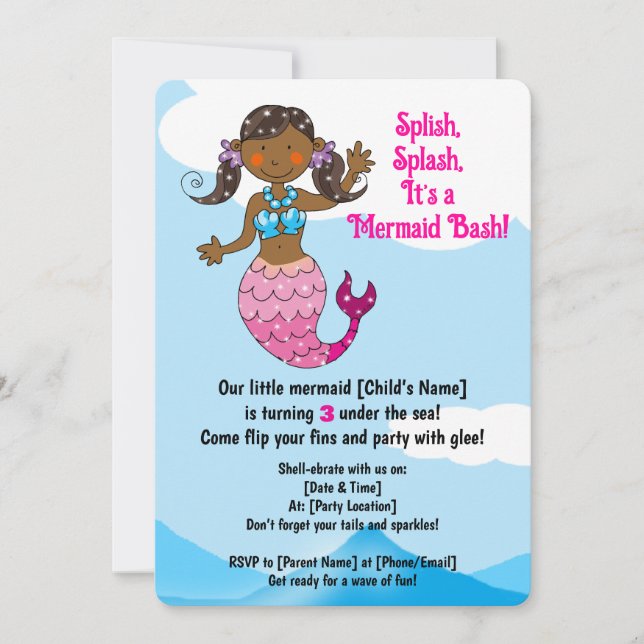 Invitación Personalizable Sirena Diseño Cumpleaños Cabello Os (Anverso)