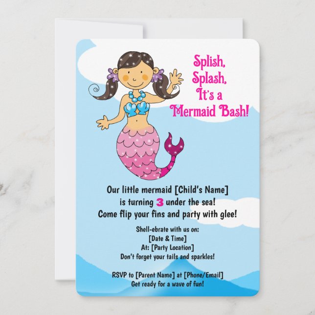 Invitación Personalizable Sirena Diseño Cumpleaños Cabello Os (Anverso)