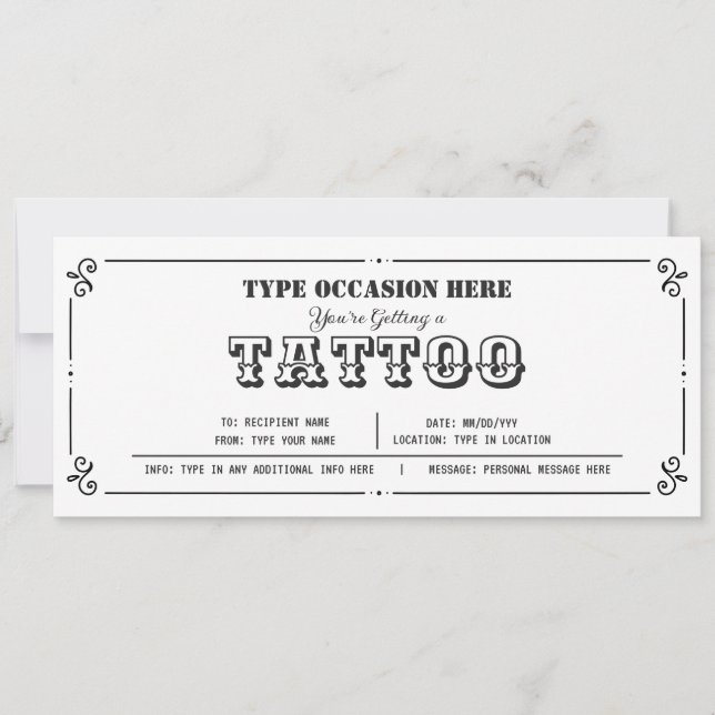 Invitación Personalizable Tattoo Gift Voucher Cualquier Ocasi (Anverso)