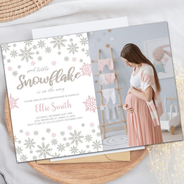 Invitación Personalizable Winter Wonderland Baby Shower (Pink Photo Winter Baby Shower Invitations)