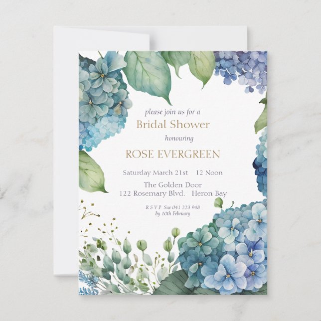 Invitación Personalización de la ducha de novia azul Hydrange (Anverso)