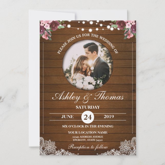 Invitación Personalización de la foto de madera de Boda flora (Anverso)