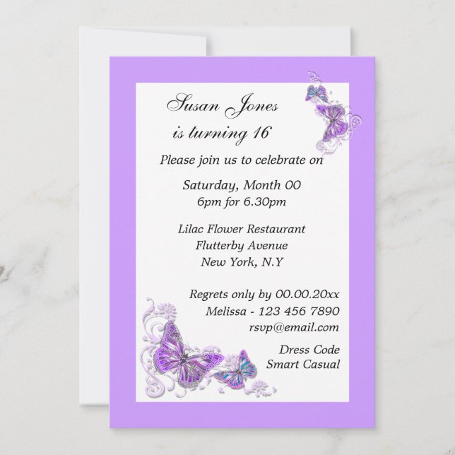 Invitación PERSONALIZACIÓN floral de mariposa morada azul (Anverso)