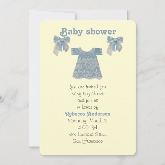 Invitación Personalización, vestido azul de niño bebé (Anverso)