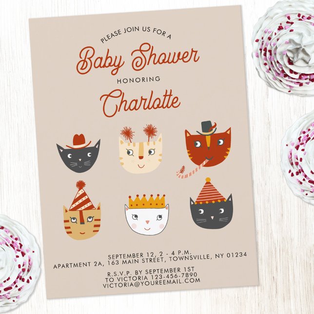 Invitación personalizada a Baby Shower de Gato Gat (Cute kitty cat personalized gender neutral boy or girl baby shower invitation)