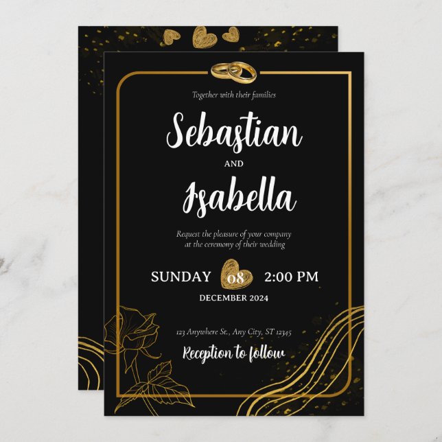 Invitación personalizada a la boda de oro y negro (Anverso / Reverso)