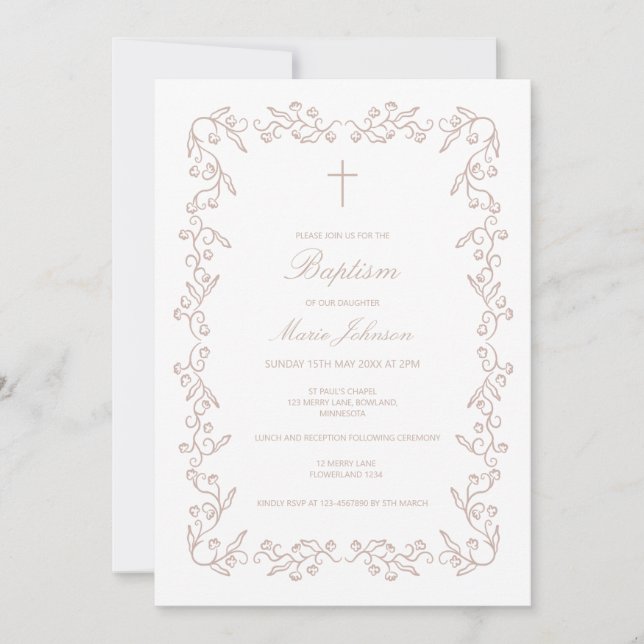 Invitación personalizada boho floral para bautizo  (Anverso)