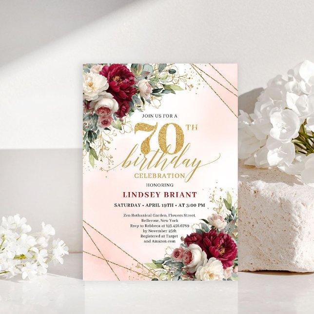 Invitación personalizada de 70 cumpleaños con flor (Personalized Gold Floral 70th Birthday Invitation)